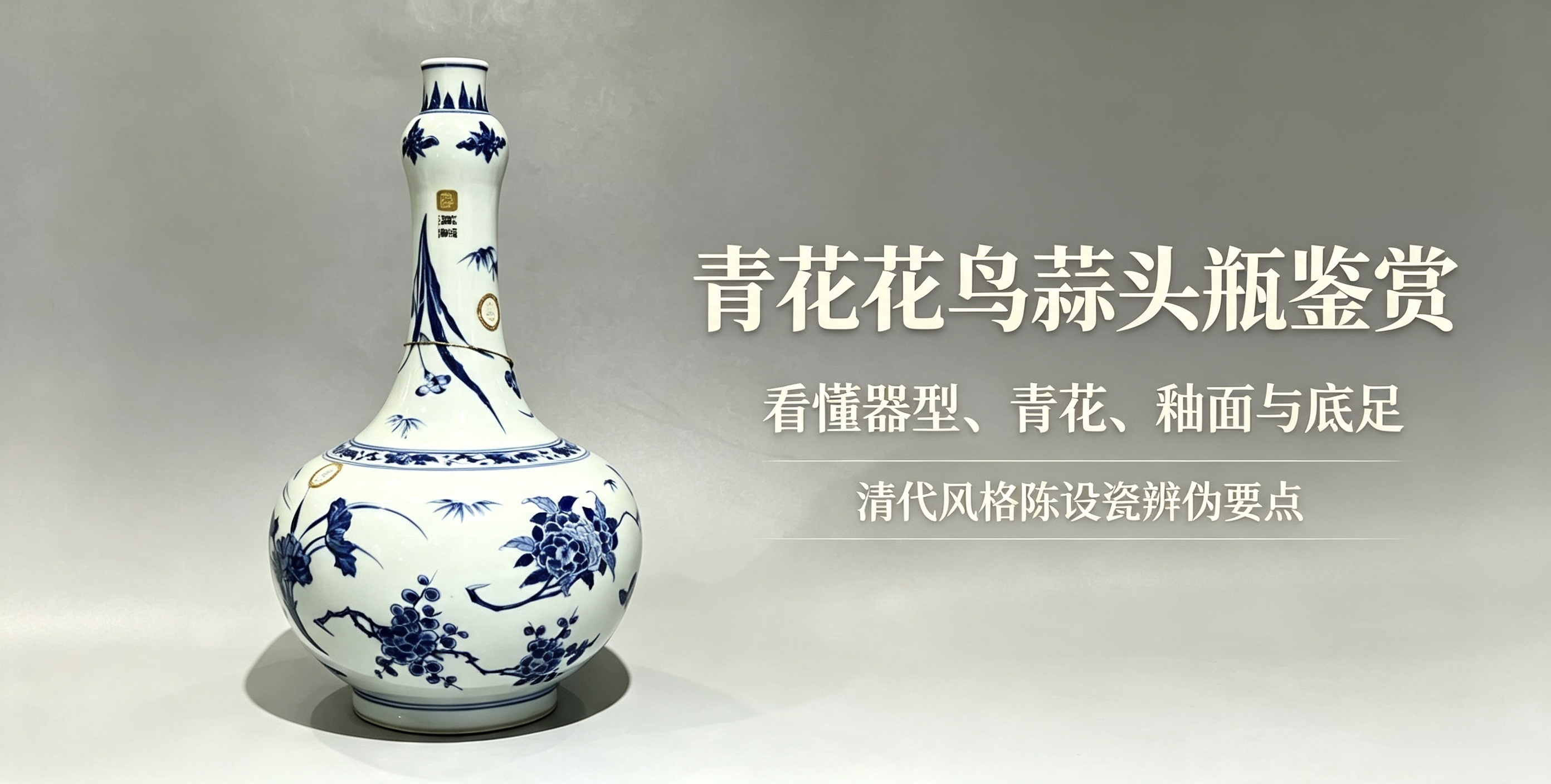青花四季花鸟纹蒜头瓶｜陈设佳器，器型、青花、底胎需综合研判，收藏谨防高仿。